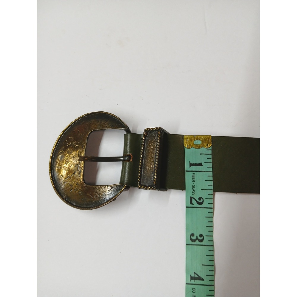 Ginnie Johansen Dallas Vintage Olive Green Leather Western Belt Brass Concho 37 - Picture 3 of 5